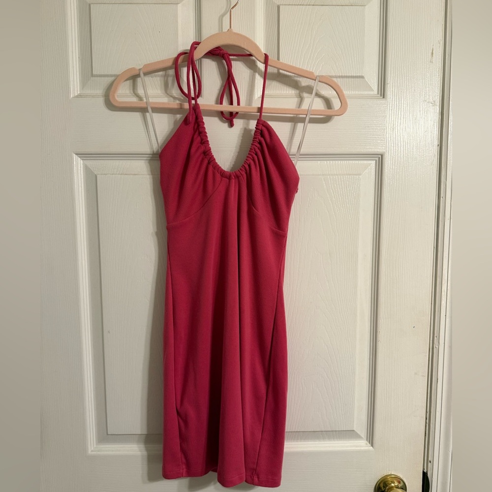 Princess Polly Clarke Mini Halter Neck Dress Ribbed Hot Pink
